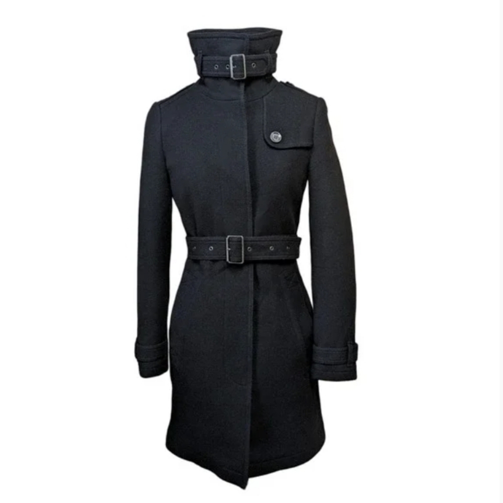 Burberry Brit Wool Belted Coat  - Rushworth Style Black Size 10 USA
